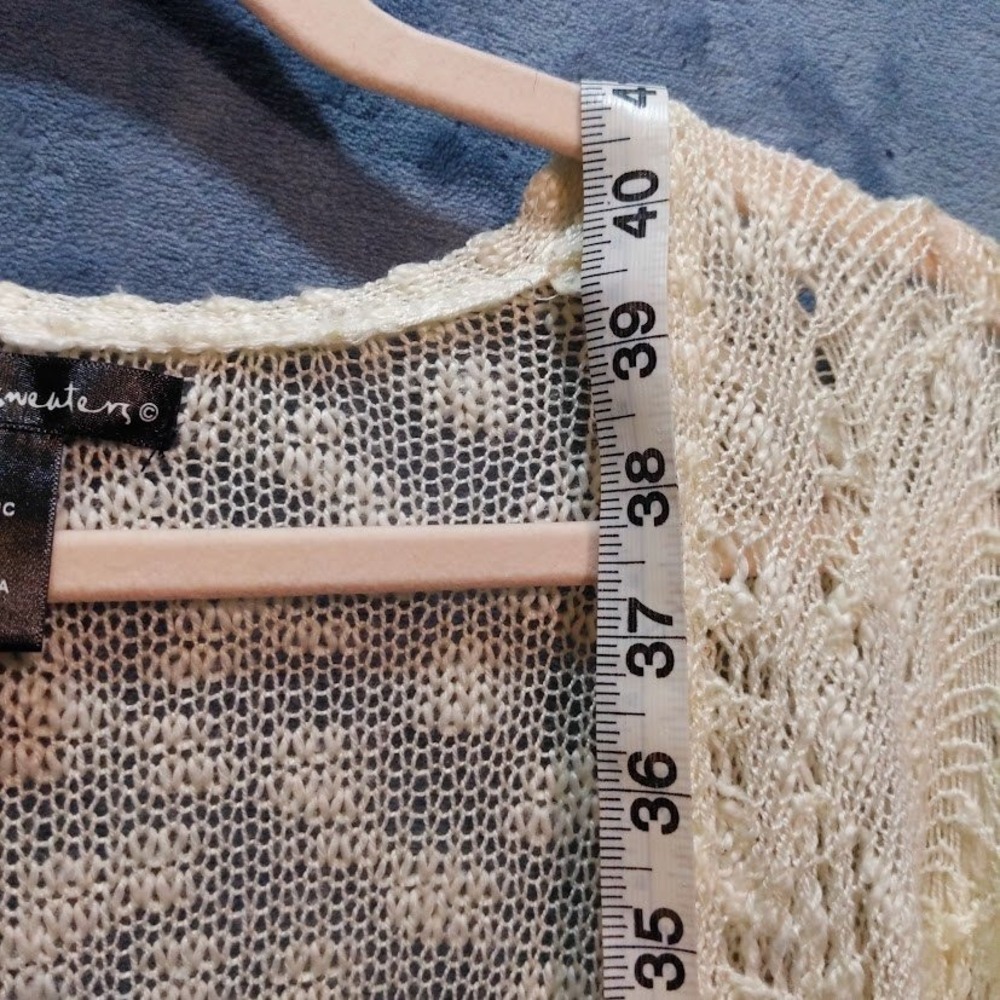 United States Sweaters Cream Crochet Fringe Handkerchief Hem Open Cardigan L - Picture 4 of 10